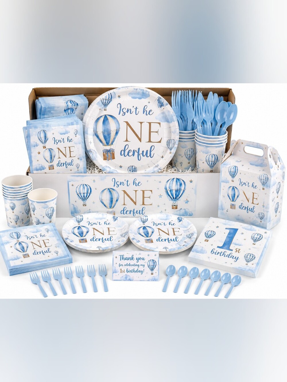 Isn't He One-derful Blue Hot Air Balloon First Birthday Party In A Box!